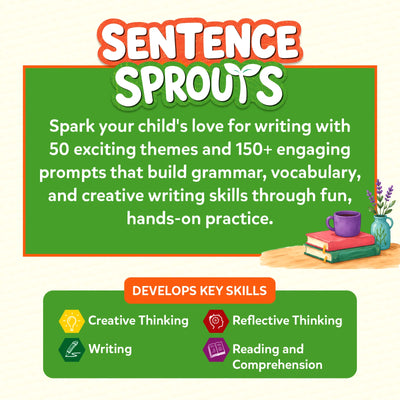 Sentence Sprouts logo in orange and green on cream background. Green chalkboard-style panel with orange border promotes 50 exciting themes and 150 plus writing prompts for grammar and vocabulary. Illustrated stacked books, a purple mug, and lavender vase shown in the bottom-right corner.