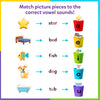Instructional graphic showing how picture pieces match vowel sounds using visual examples. A star labeled “star” is placed into the red cup marked a, a den into the yellow e cup, a fish into the green i cup, a bow into the blue o cup, and a tiger cub into the purple u cup. Arrows guide the process, clearly illustrating vowel sound identification and phonics sorting.