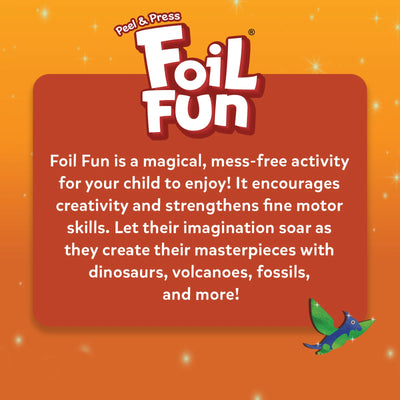 Colorful children’s activity description for Foil Fun World Of Dinosaurs No Mess Art Kit