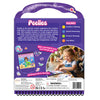 Back of Skillmatics Peelies Unicorns and Princesses activity book with a purple carry handle and star wand sticker. Upper section shows product description and Key Skills panel listing Creative Thinking, Spatial Reasoning, Process Planning, and Fine Motor. Lower left shows The Royal Reef mermaid scene with ocean stickers on a purple handle stand. Lower right shows a smiling girl placing stickers at a restaurant table.
