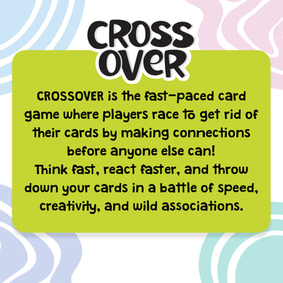Skillmatics Cross Over information graphic featuring the game logo and description on a bright green panel. Text explains the fast-paced card game where players race to make connections and discard cards first. The design emphasizes quick thinking, creativity, speed, and spontaneous associations