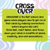 Skillmatics Cross Over information graphic featuring the game logo and description on a bright green panel. Text explains the fast-paced card game where players race to make connections and discard cards first. The design emphasizes quick thinking, creativity, speed, and spontaneous associations