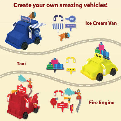 A graphic layout shows three finished Sandeezy kinetic-sand vehicles on a cream background: a blue ice-cream van with striped awnings and ice-cream signs; a yellow taxi topped with colorful luggage; and a red fire engine decorated with hoses, ladders, and firefighter cutouts. Each vehicle is shown with its corresponding accessory set, arranged neatly beside winding illustrated road lines.