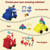 A graphic layout shows three finished Sandeezy kinetic-sand vehicles on a cream background: a blue ice-cream van with striped awnings and ice-cream signs; a yellow taxi topped with colorful luggage; and a red fire engine decorated with hoses, ladders, and firefighter cutouts. Each vehicle is shown with its corresponding accessory set, arranged neatly beside winding illustrated road lines.