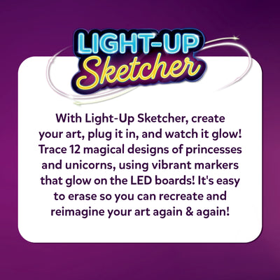 Light-Up Sketcher product information graphic on a purple background featuring a glowing princess and unicorn logo above text explaining tracing 12 designs with neon markers and erasable LED boards. The copy highlights repeated creative play and includes a large white text panel.