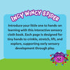 A graphic layout with the title “Incy Wincy Spider” displayed at the top against a blue background. Below, a paragraph explains the interactive sensory cloth book designed for babies, highlighting actions like crinkling, stretching, lifting flaps, and exploring textures. A small image of the purple spider plush appears in the corner on green grass, reinforcing the product theme through simple illustrations and readable text blocks.