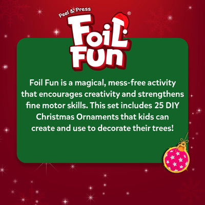 Skillmatics Foil Fun Christmas ornament activity graphic with a green information panel explaining the peel and press foil craft process. The design highlights creating DIY Christmas ornaments, encouraging creativity and fine motor skills, with a festive red background and ornament decoration.