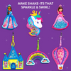 A purple background showcases six completed foam shake-it keychains arranged in rows. Designs include two princesses, a unicorn head, a castle, a rainbow with clouds, and a hot-air balloon, all filled with layered confetti. Each piece is attached to a colored loop or clip. Text at the top reads “Make shake-its that sparkle & swirl!” with star accents throughout.