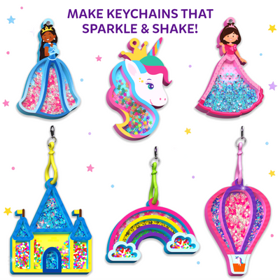 A purple background showcases six completed foam shake-it keychains arranged in rows. Designs include two princesses, a unicorn head, a castle, a rainbow with clouds, and a hot-air balloon, all filled with layered confetti. Each piece is attached to a colored loop or clip. Text at the top reads “Make shake-its that sparkle & swirl!” with star accents throughout.