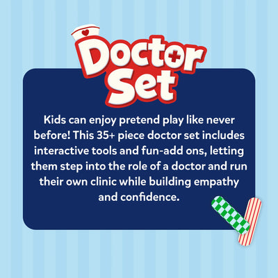 Skillmatics Doctor Set promotional graphic featuring the product logo and a description of the 35+ piece pretend doctor kit. The design highlights interactive medical tools, role-play clinic activities, and confidence-building play, with decorative bandage illustrations on a blue striped background.
