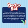 Skillmatics Doctor Set promotional graphic featuring the product logo and a description of the 35+ piece pretend doctor kit. The design highlights interactive medical tools, role-play clinic activities, and confidence-building play, with decorative bandage illustrations on a blue striped background.