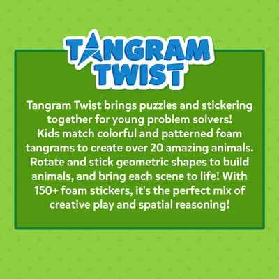 Green product card for Tangram Twist Amazing Animals game with details for ages 4-7