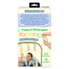 Back view of Skillmatics Linkies packaging showing product description text, illustrations, and lifestyle imagery. The panel highlights “Linkies for little hands,” notes 15 links in 5 vibrant colors, and shows a baby playing with hanging links. Icons on the right indicate infinite play and easy cleaning. A child’s hands connecting links are shown to demonstrate use.