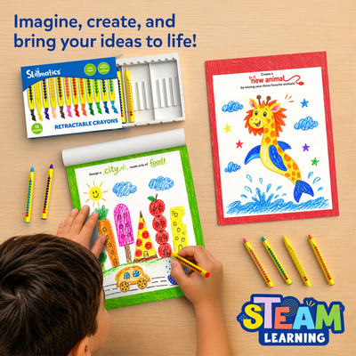 Child coloring imaginative activity pages from the Skillmatics Inventor Sprouts book using retractable crayons on a tabletop. The scene features creative drawings of a food-themed city and a fantasy animal, an open crayon case and STEAM Learning branding promoting imagination and creativity.