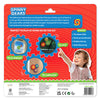 Back-of-pack image for Skillmatics Spinny Gears Pattern Pop showing three circular visuals of the toy in action—on an airplane window, in a car, and on a cupboard. Text highlights “Perfect to play at home or on the go!” and developmental benefits such as fine motor skills, hand-eye coordination, problem-solving, and spatial reasoning. A smiling child points happily at the colourful gears.