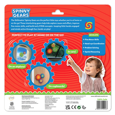 Back-of-pack image for Skillmatics Spinny Gears Pattern Pop showing three circular visuals of the toy in action—on an airplane window, in a car, and on a cupboard. Text highlights “Perfect to play at home or on the go!” and developmental benefits such as fine motor skills, hand-eye coordination, problem-solving, and spatial reasoning. A smiling child points happily at the colourful gears.
