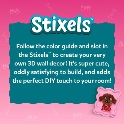 Branding panel for Skillmatics Stixels featuring a bold ‘Stixels’ logo on a pink background with a teal text box explaining: follow the color guide, slot Stixels to create a 3D wall décor that is cute and satisfying, with a small finished puppy example shown at bottom right.