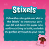 Branding panel for Skillmatics Stixels featuring a bold ‘Stixels’ logo on a pink background with a teal text box explaining: follow the color guide, slot Stixels to create a 3D wall décor that is cute and satisfying, with a small finished puppy example shown at bottom right.
