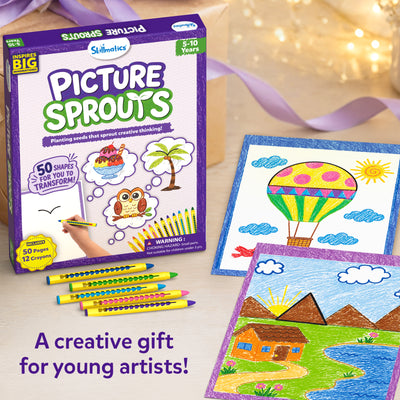 Skillmatics Picture Sprouts gift set displayed beside colorful completed drawings of a hot air balloon and a landscape. Several retractable crayons are arranged in front of the activity book box, with wrapped gifts and ribbon in the background, presenting the kit as a creative art gift for children.