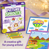 Skillmatics Picture Sprouts gift set displayed beside colorful completed drawings of a hot air balloon and a landscape. Several retractable crayons are arranged in front of the activity book box, with wrapped gifts and ribbon in the background, presenting the kit as a creative art gift for children.