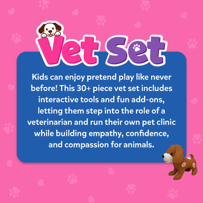Skillmatics Vet Set information graphic featuring the product logo and description highlighting a 30+ piece pretend veterinary playset. The image explains interactive accessories that let children care for a plush puppy while encouraging imaginative play, empathy, confidence, and compassion.