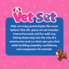 Skillmatics Vet Set information graphic featuring the product logo and description highlighting a 30+ piece pretend veterinary playset. The image explains interactive accessories that let children care for a plush puppy while encouraging imaginative play, empathy, confidence, and compassion.