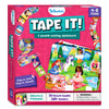 The front of the Skillmatics Tape It! Unicorns & Princesses game box for kids aged 4–8 years. The pink box features magical fairytale scenes with princesses, unicorns, rainbows, and castles. The product includes 16 picture puzzles and 150+ stickers, with a roll of easy-to-tear tape and the text “Easy to stick. Easy to remove!” The box also includes a warning about small parts, ensuring safety for young children.