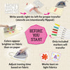 Before You Start instructional guide for Iron-Its. Top: flipped alphabet stencil demonstrates writing right-to-left for proper transfer. Left: hand peels flower design sheet off tote bag. Right: six Skillmatics markers shown. Bottom-left: iron pressed on canvas bag. Bottom-right: two fabric patches with flower and letter A designs.