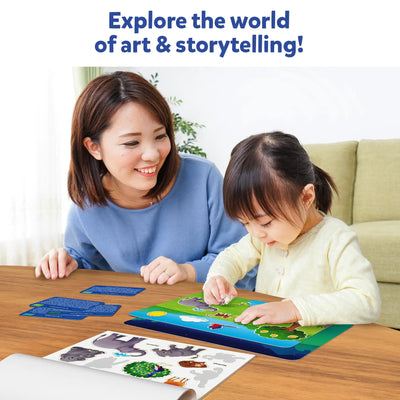 Mother and child using colorful animal cards and puzzle board in Sticker Stories Animals Adventures kit