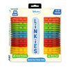 Front view of the Skillmatics Linkies box with a beige background and clear windows showing 36 colorful plastic links arranged vertically. The Skillmatics logo appears at the top, with labels reading “36 Links” and “10–24 Months.” Icons highlight travel-friendly use, BPA-free material, and fine motor skill development, with the product name displayed vertically at the center.