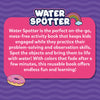Graphic panel describing the Skillmatics Water Spotter activity book on a purple background, featuring the product logo and explanatory text. The description explains mess-free water coloring, reusable pages where colors fade after drying, and learning through spotting hidden objects. Decorative elements include a rainbow, donut illustration, and playful accents reinforcing repeated play and problem-solving benefits.