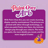 Paint-Over Art instruction panel showing three step process: pick a picture with outline sheet, shade and paint using brush-tip markers, and watch the magic as colours reveal detailed fairy and floral artwork. Includes child colouring example, marker set, and vibrant finished illustration preview.