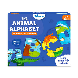 Children’s alphabet puzzle set featuring colorful animal-themed jigsaw pieces for ages 3-6