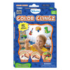 Front view of the Skillmatics Color Clingz box featuring a blue background with orange accents. Text highlights “40+ Static Stickers,” “Mess Free,” and “3–7 Years.” A child is shown holding a colored airplane cling. Circular visuals at the bottom show the steps “Color, Peel, Cling!” along with themed icons like vehicles, sports, and dinosaurs, plus a safety warning.