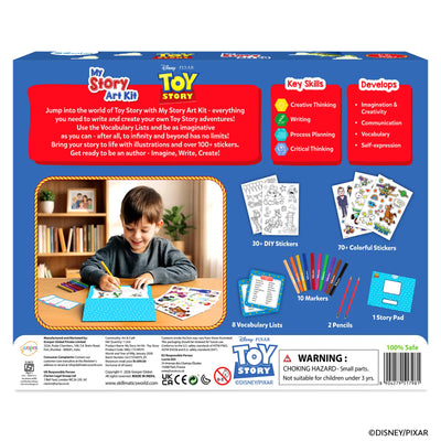 Back of Skillmatics Disney Pixar Toy Story My Story Art Kit box on blue background. Includes product description, key skills: Creative Thinking, Writing, Process Planning, Critical Thinking, and develops Imagination, Communication, Vocabulary, and Self-expression. Shows all kit contents and a boy writing. Bottom has safety warnings, certifications, barcode, and manufacturer details.