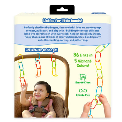 Back of the Skillmatics Linkies packaging showing a baby seated in a stroller playing with hanging colorful links. Text describes links for little hands and early skill development such as counting, sorting, and patterning. Callouts note “36 links in 5 vibrant colors,” “easy to clean,” and “infinite play,” with icons and close-up visuals of connected links.