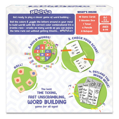 Board game box for Muddled fast-paced word building game for ages 8 and up