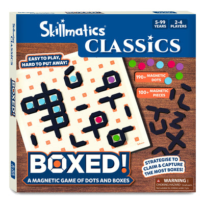 The front of the Skillmatics Boxed! game box, showing the magnetic dots and boxes game. The box design features a colourful orange game board with magnetic pieces and dots in varying colours (purple, green, pink, blue). The tagline “Easy to play, hard to put away!” is featured along with the warning "Choking Hazard – Small parts," ensuring safety for children under 3 years. The game is designed for 2-4 players, ages 5-99.