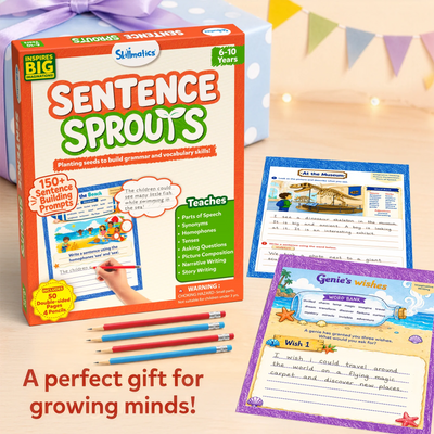 Skillmatics Sentence Sprouts box displayed as a gift, with blue polka dot gift box and colorful bunting behind it. Four red and blue pencils in front. Two sample pages shown: At the Museum with dinosaur scene and Genie's Wishes imaginative writing page. Text: A perfect gift for growing minds.