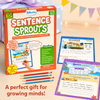 Skillmatics Sentence Sprouts box displayed as a gift, with blue polka dot gift box and colorful bunting behind it. Four red and blue pencils in front. Two sample pages shown: At the Museum with dinosaur scene and Genie's Wishes imaginative writing page. Text: A perfect gift for growing minds.