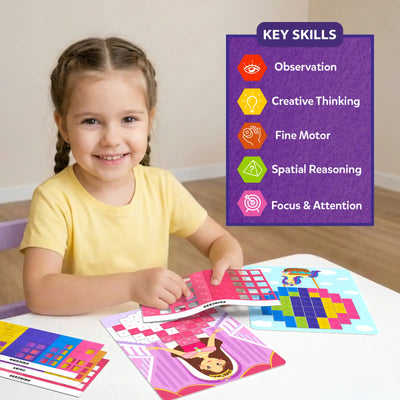 Smiling girl in yellow shirt at a white table with a Princess felt color sheet, princess picture board, and partially completed hot air balloon board. Purple Key Skills panel lists Observation, Creative Thinking, Fine Motor, Spatial Reasoning, and Focus and Attention with colored icons.