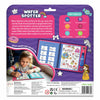 Graphic panel describing the Skillmatics Water Spotter activity book on a purple background, featuring the product logo and explanatory text. The description explains mess-free water coloring, reusable pages where colors fade after drying, and learning through spotting hidden objects. Decorative elements include a rainbow, donut illustration, and playful accents reinforcing repeated play and problem-solving benefits.