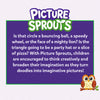 Informational graphic for Skillmatics Picture Sprouts featuring the product logo above a descriptive text panel explaining how simple shapes can become imaginative drawings. An illustrated owl sits in the bottom corner, reinforcing the creative drawing theme with a clean, easy-to-read layout.