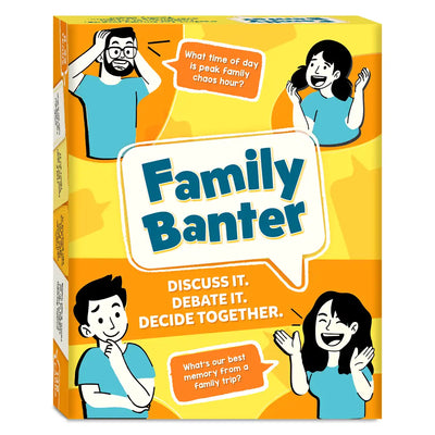 Angled front view of Skillmatics Family Banter card game box on a yellow and orange background. Four illustrated characters in teal shirts express surprise, laughter, and curiosity. Two orange speech bubbles show sample questions: What time of day is peak family chaos hour and What's our best memory from a family trip. Center speech bubble displays the game title. Tagline reads Discuss It, Debate It, Decide Together.