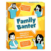Angled front view of Skillmatics Family Banter card game box on a yellow and orange background. Four illustrated characters in teal shirts express surprise, laughter, and curiosity. Two orange speech bubbles show sample questions: What time of day is peak family chaos hour and What's our best memory from a family trip. Center speech bubble displays the game title. Tagline reads Discuss It, Debate It, Decide Together.