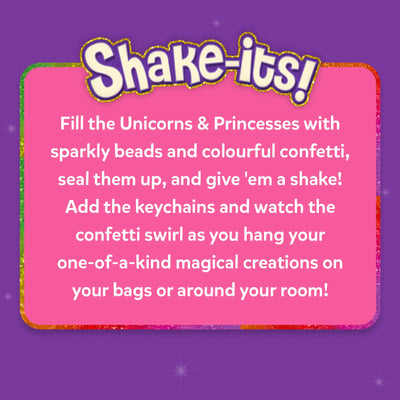 A purple background features a large pink rounded rectangle bordered with glitter and topped by the “Shake-its!” logo in white and gold. White text explains the activity, describing filling unicorn and princess shapes with sparkly beads and colorful confetti, sealing them, adding keychains, and shaking them to watch the confetti swirl. Subtle star sparkles appear around the panel.