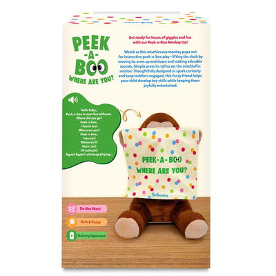 A plush brown monkey sits on a wooden surface holding a cream cloth printed with colorful dots and the words “Peek-a-boo, where are you?” Above it, green logo text appears on the left, along with a speech bubble listing the toy’s spoken phrases. The right side shows product description text, size details, and icons labeled “Do Not Wash,” “Soft & Fuzzy,” and “Battery Operated” in pink, orange, and green boxes.