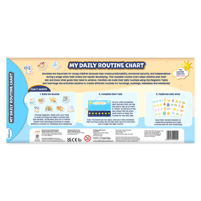 Back packaging of the Skillmatics My Daily Routine Chart featuring product information, instructions for building routines, completing tasks, and rewarding progress with stickers. The layout also includes illustrations, safety information, manufacturer details, certifications, barcode, and product specifications.