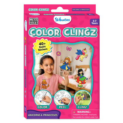 Front view of the Skillmatics Color Clingz Unicorns & Princesses box in bright pink packaging. The box shows a smiling child placing static stickers on a window, featuring unicorns, princesses, flowers, and animals. Text highlights “Mess Free,” “40+ Static Stickers,” and ages 3–7. Three circular images at the bottom illustrate the steps Color, Peel, and Cling, with a choking hazard warning shown below.