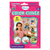 Front view of the Skillmatics Color Clingz Unicorns & Princesses box in bright pink packaging. The box shows a smiling child placing static stickers on a window, featuring unicorns, princesses, flowers, and animals. Text highlights “Mess Free,” “40+ Static Stickers,” and ages 3–7. Three circular images at the bottom illustrate the steps Color, Peel, and Cling, with a choking hazard warning shown below.